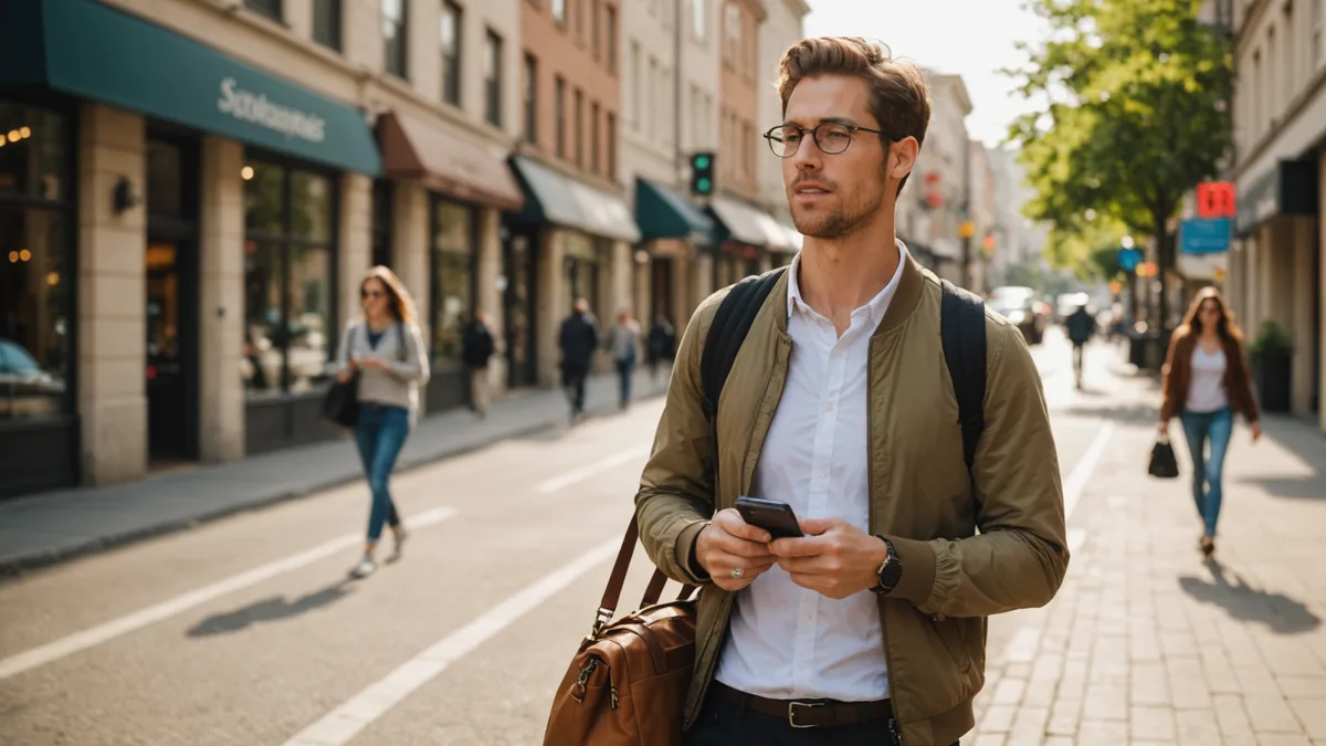 Person walking outdoors with earbuds, dictating ideas while in motion