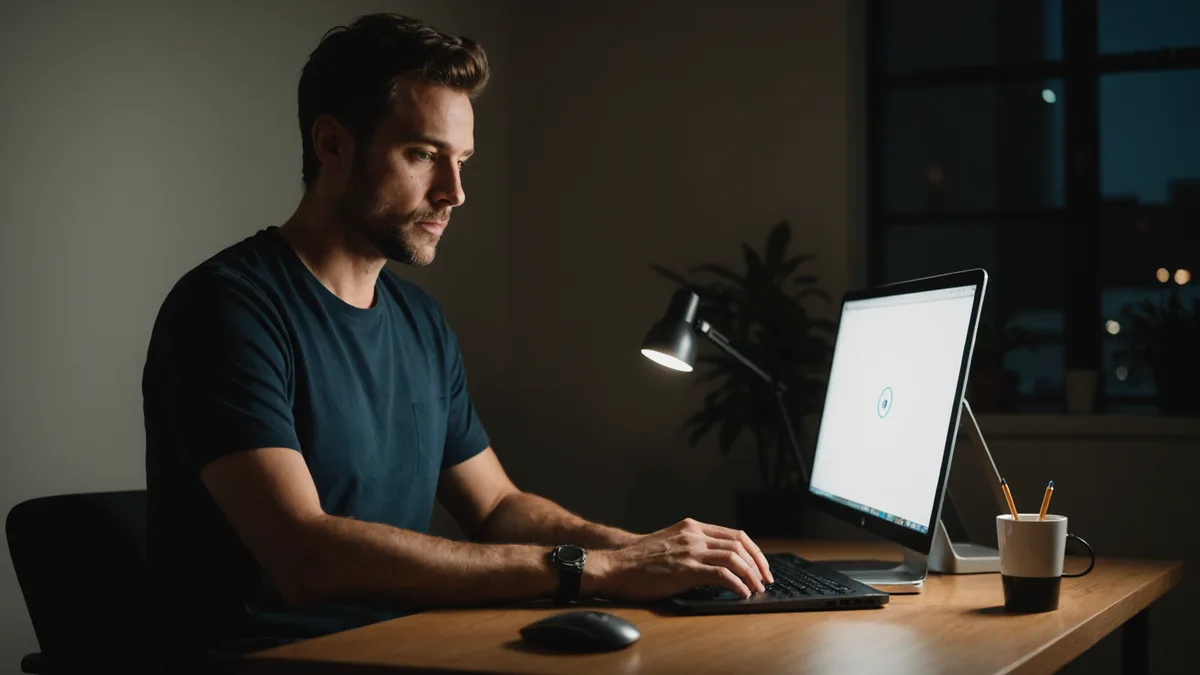 Developer at a desk, hands resting, focused in low ambient light