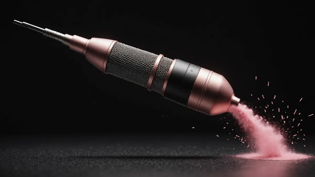 Glowing microphone icon casting rose-pink light across a dark background