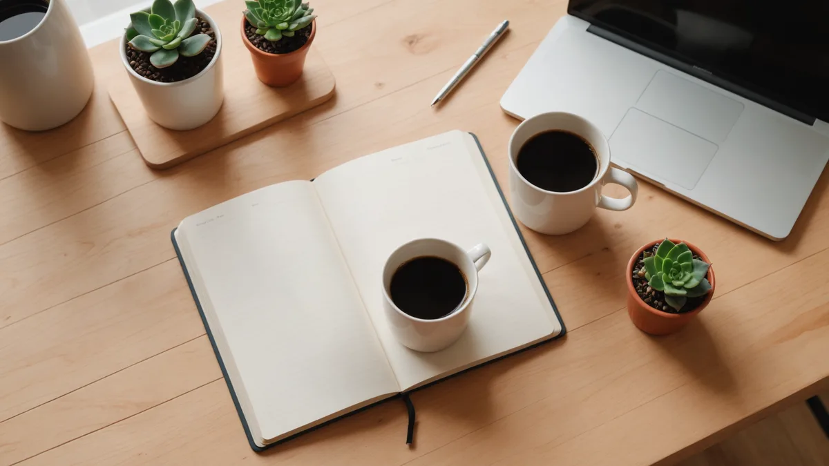 Desk viewed from above with a notebook, coffee, and green plant