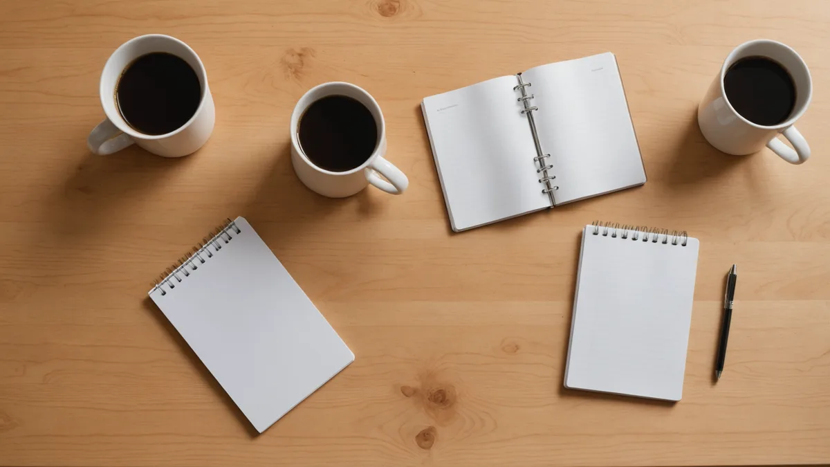 Quiet meeting room with notepads and coffee on a tidy table