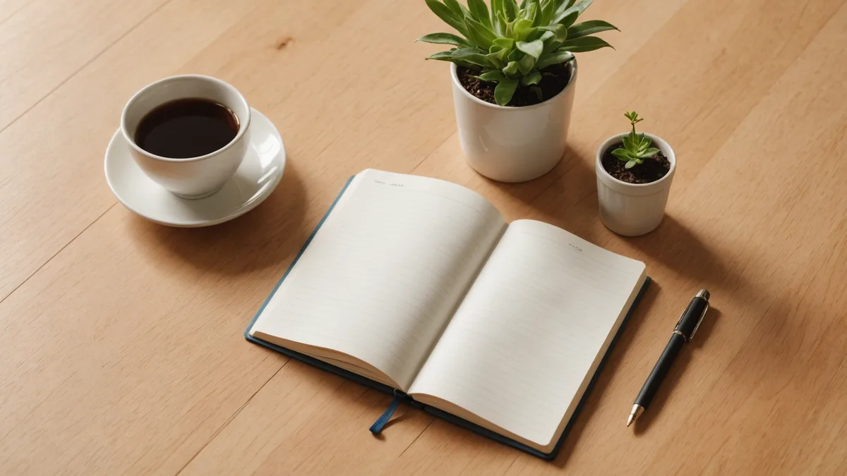 Notebook and pen beside a calm workspace for organized note-taking