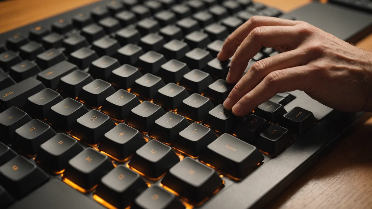 Hands poised over a keyboard in warm light during a writing test