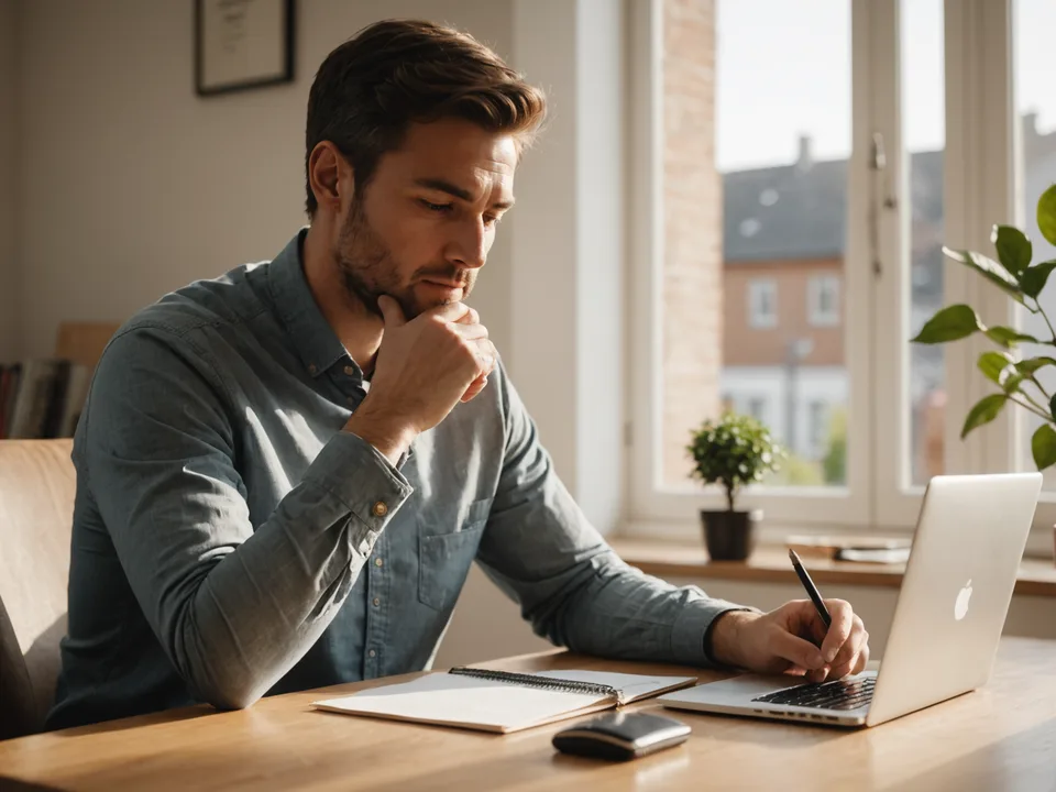Knowledge worker at a well-lit desk, thinking and composing, laptop nearby